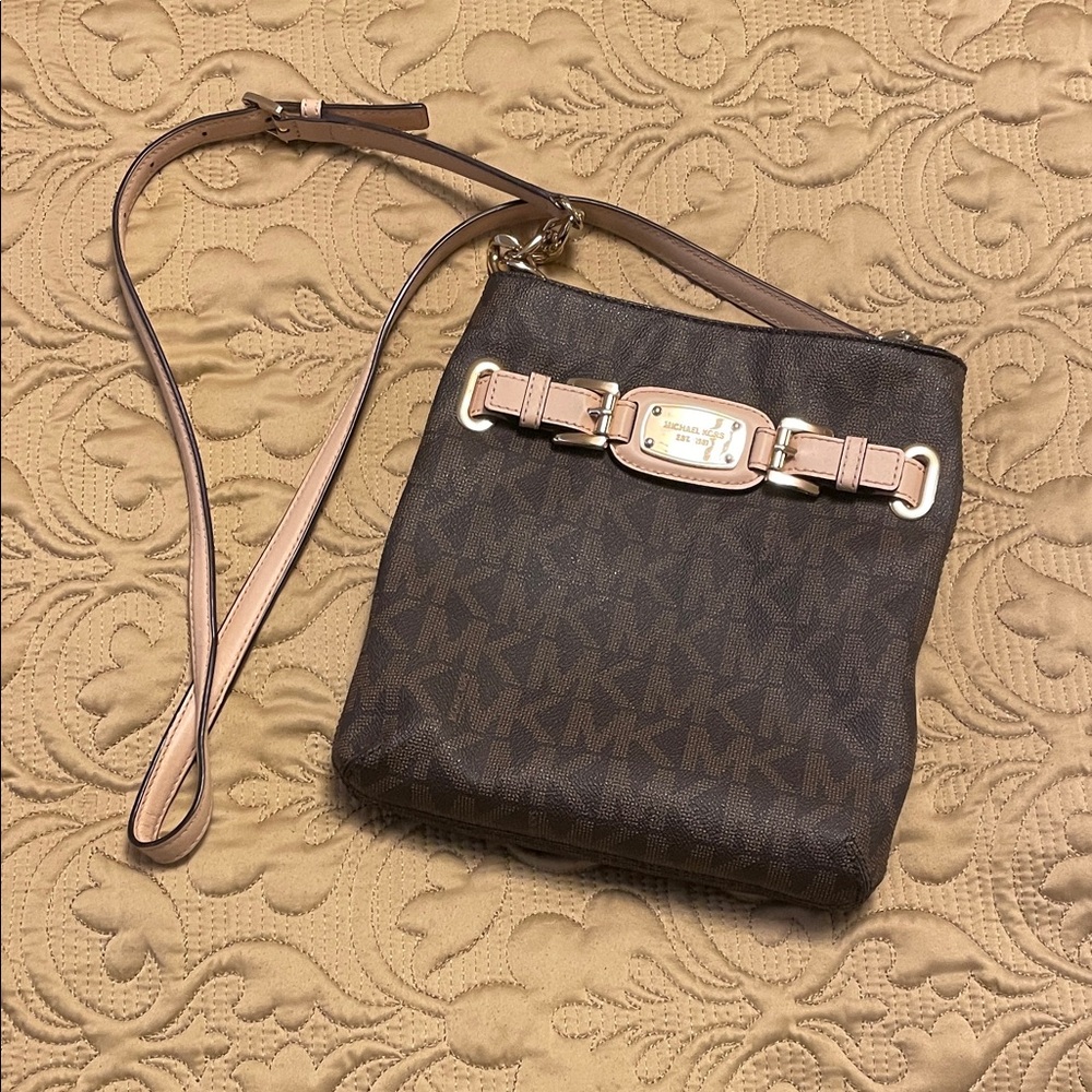 Michael Kors Brown Crossbody with Tan Trim and Gold Plate